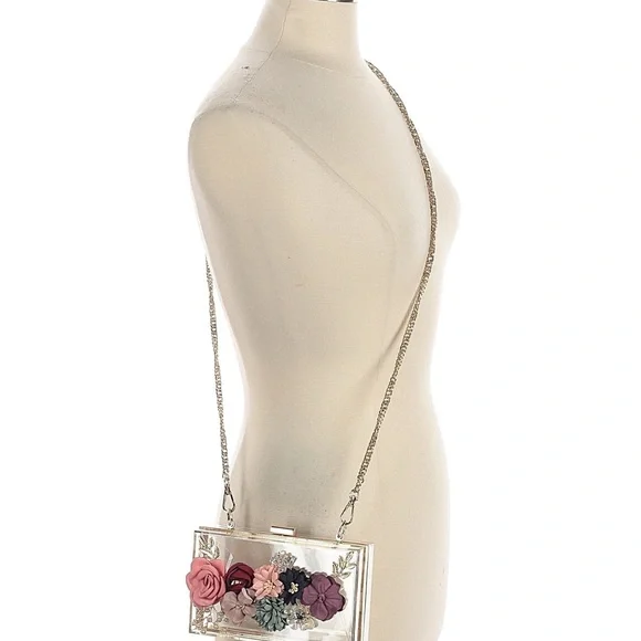Floral Embellished Clear Clutch W Gold Chain - Picture 2 of 3
